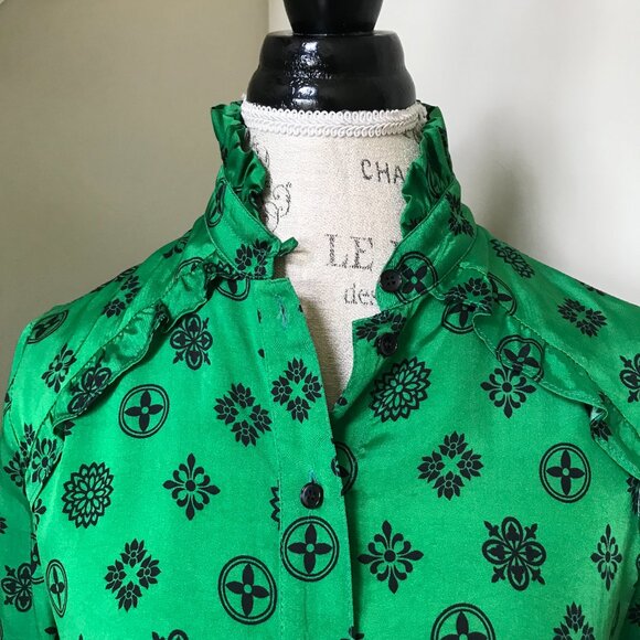 Suzie Winkle Katie Button Down Shirt Top Blouse Womens 36 Small Green Black - Picture 6 of 15